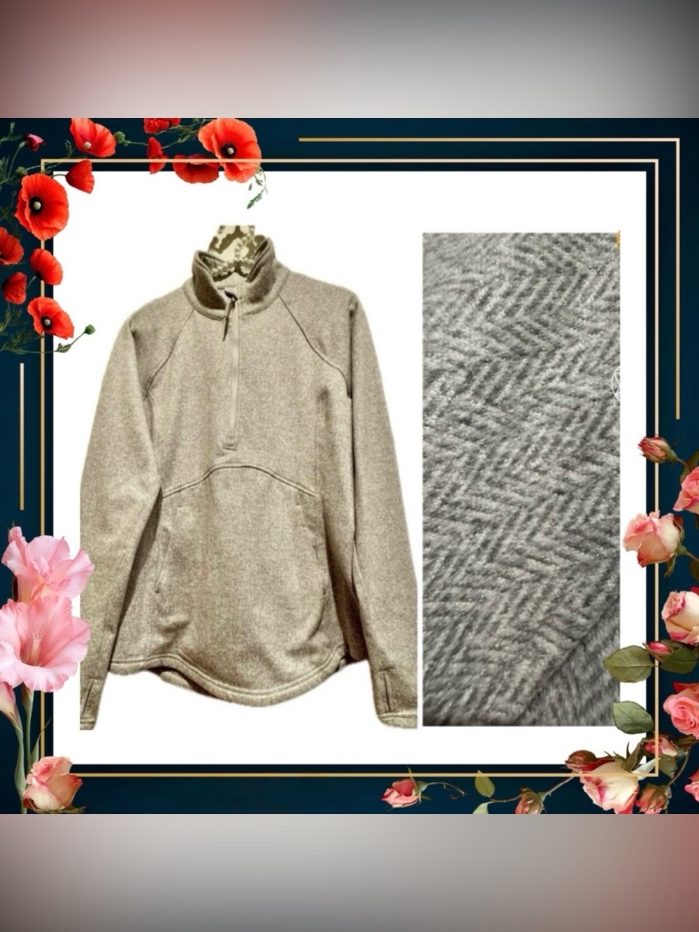 Sweater sweatshirt - Kyodan Outdoor 1/4 zip - gray & white herringbone Medium